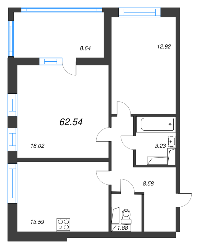 2-комнатная квартира, 62.54 м² - планировка, фото №1