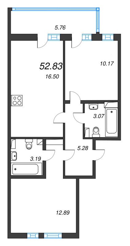 3-комнатная (Евро) квартира, 52.83 м² в ЖК "Аэросити" - планировка, фото №1