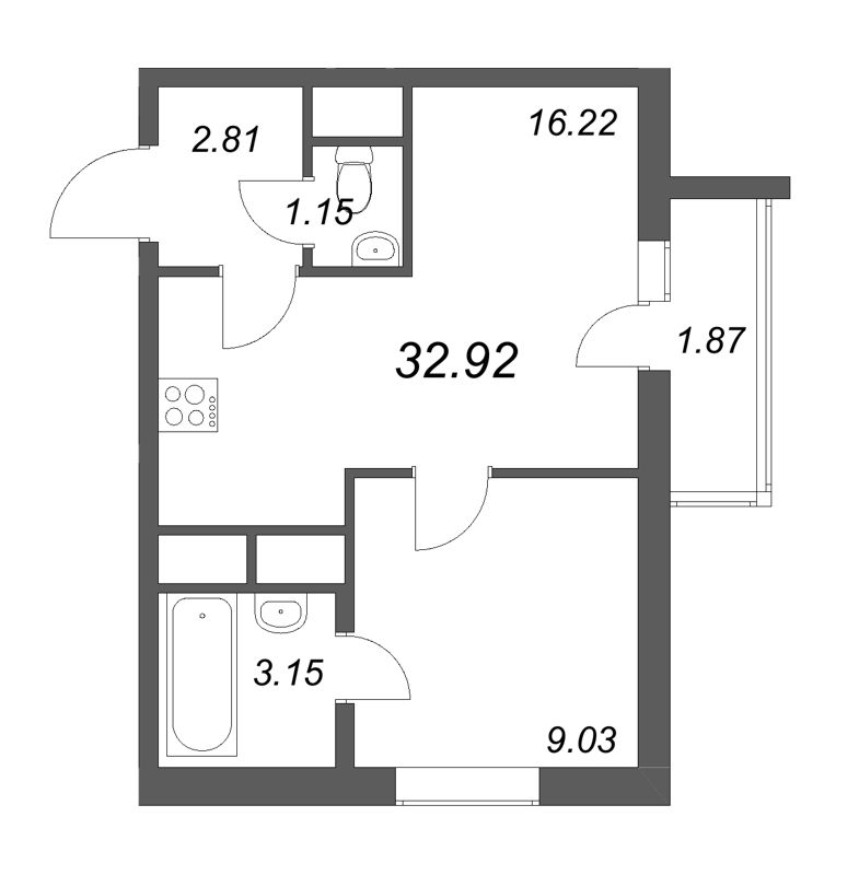2-комнатная (Евро) квартира, 32.92 м² - планировка, фото №1