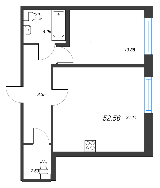2-комнатная (Евро) квартира, 52.56 м² - планировка, фото №1