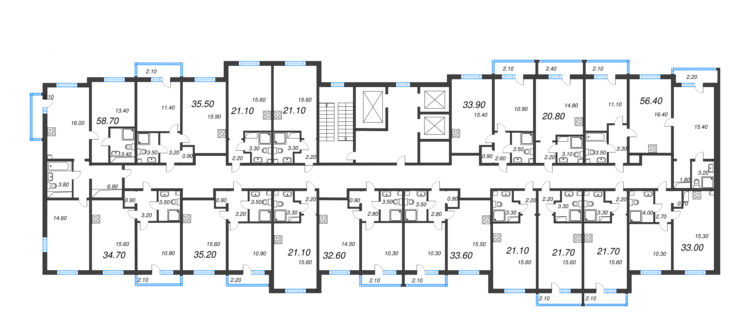 3-комнатная (Евро) квартира, 56.4 м² в ЖК "Дыбенко Парк" - планировка этажа