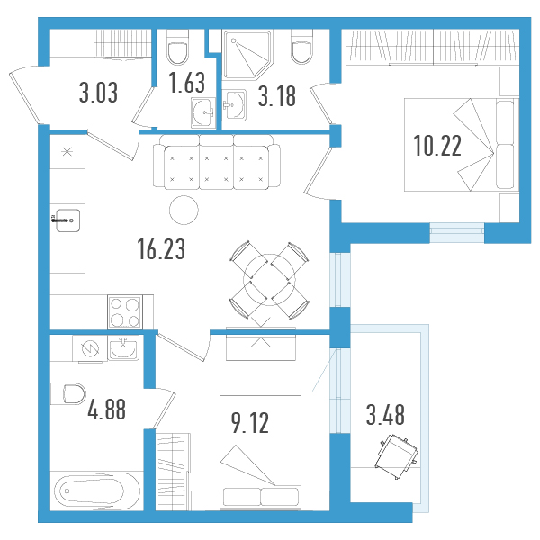 3-комнатная (Евро) квартира, 50.03 м² - планировка, фото №1
