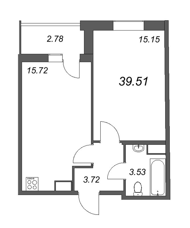 2-комнатная (Евро) квартира, 39.51 м² в ЖК "Аквилон Zalive" - планировка, фото №1