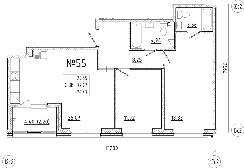 3-комнатная (Евро) квартира, 74.47 м² в ЖК "N8" - планировка, фото №1