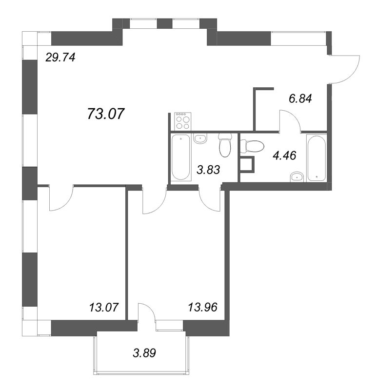 3-комнатная (Евро) квартира, 73.07 м² в ЖК "Talento" - планировка, фото №1
