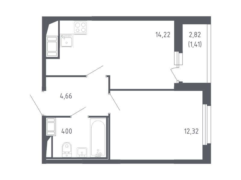 1-комнатная квартира, 36.61 м² - планировка, фото №1