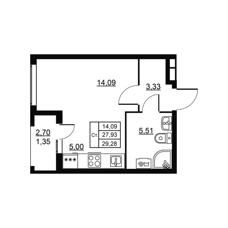 Квартира-студия, 29.28 м² в ЖК "Высота. Новодевяткино" - планировка, фото №1