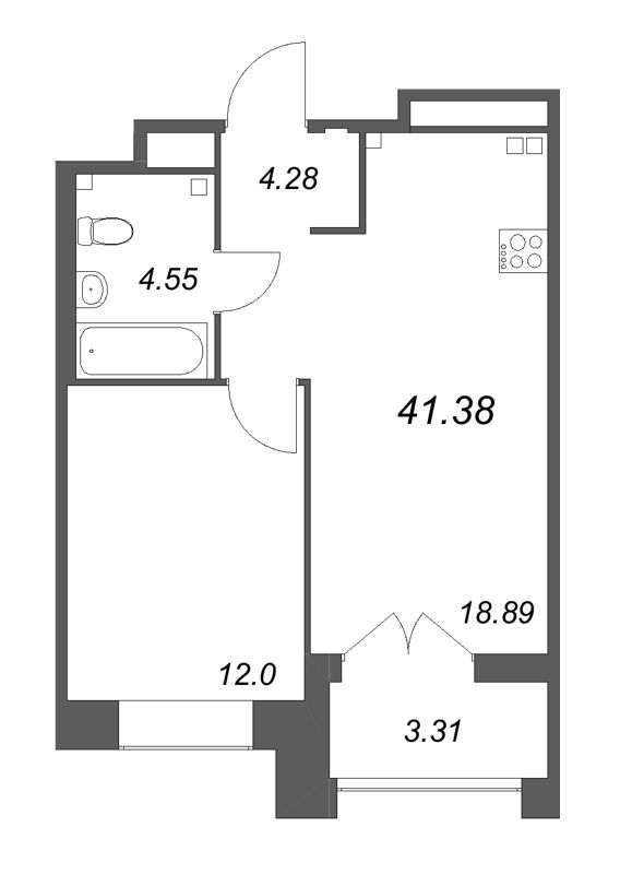2-комнатная (Евро) квартира, 41.38 м² в ЖК "Ранта Резиденс" - планировка, фото №1
