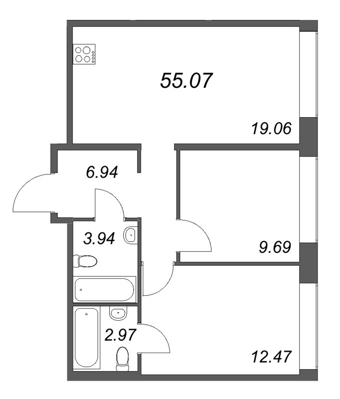 3-комнатная (Евро) квартира, 55.07 м² в ЖК "Avant" - планировка, фото №1