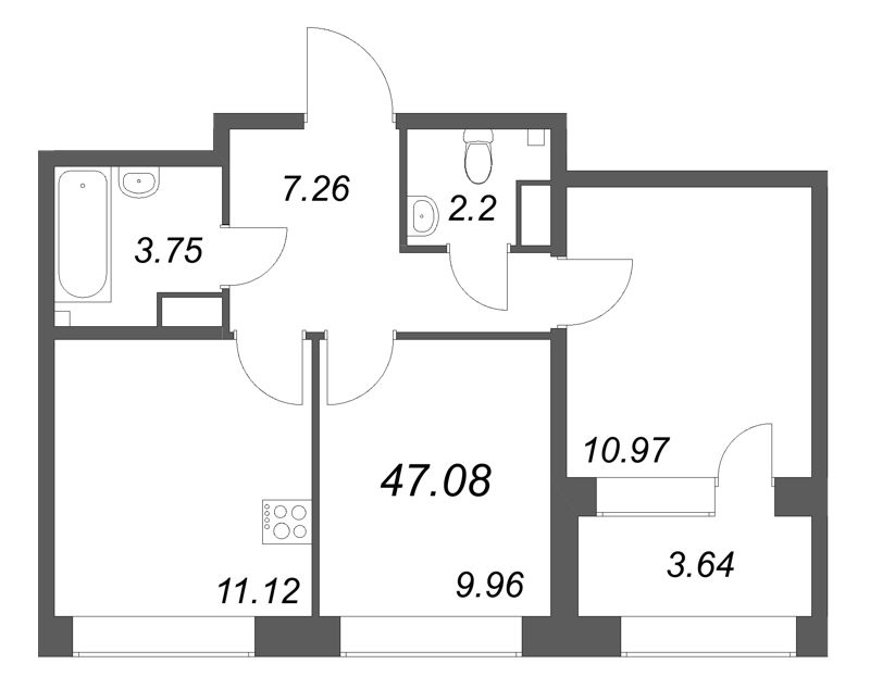 2-комнатная квартира, 47.08 м² в ЖК "Аквилон Солар Парк" - планировка, фото №1