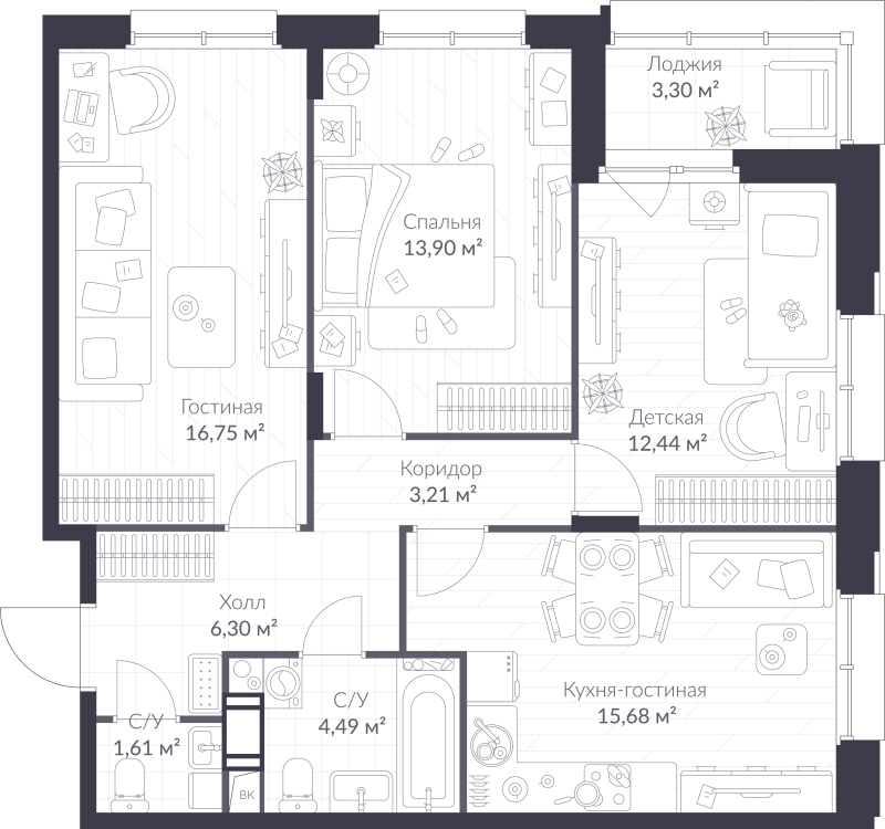 4-комнатная (Евро) квартира, 76.03 м² в ЖК "VEREN NORT сертолово" - планировка, фото №1