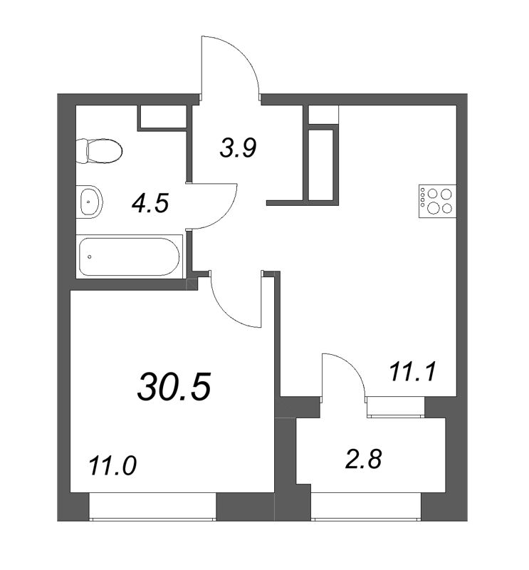 1-комнатная квартира, 30.5 м² - планировка, фото №1