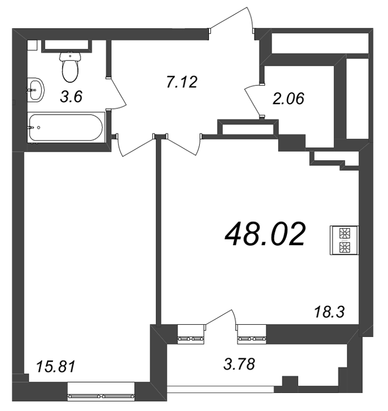 2-комнатная (Евро) квартира, 48.6 м² в ЖК "Neva Residence" - планировка, фото №1