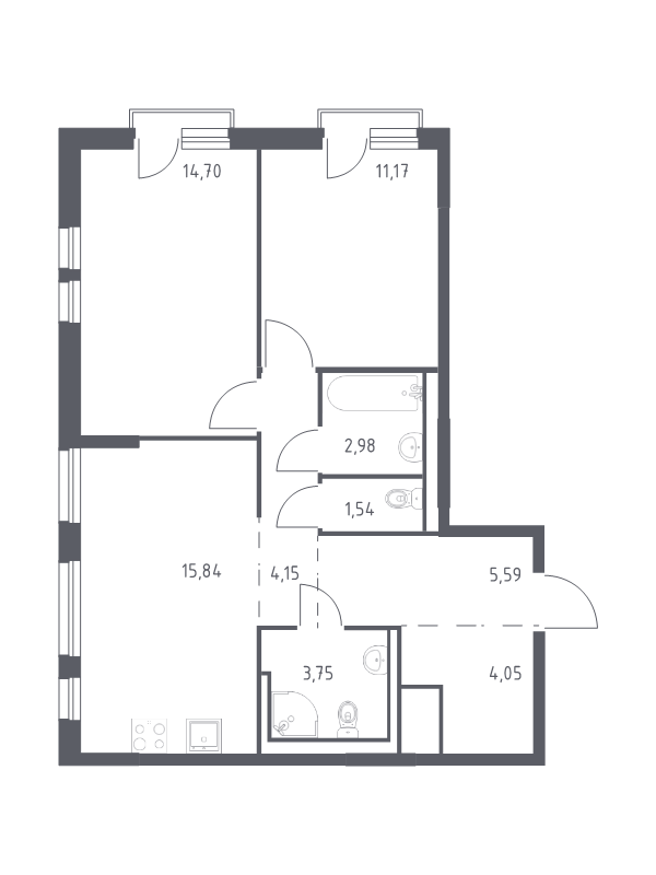 3-комнатная (Евро) квартира, 63.77 м² в ЖК "Невская Долина" - планировка, фото №1