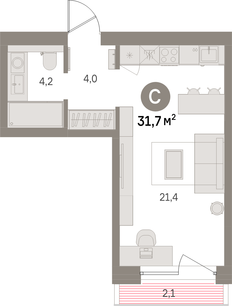 Квартира-студия, 31.7 м² в ЖК "Северный ветер" - планировка, фото №1