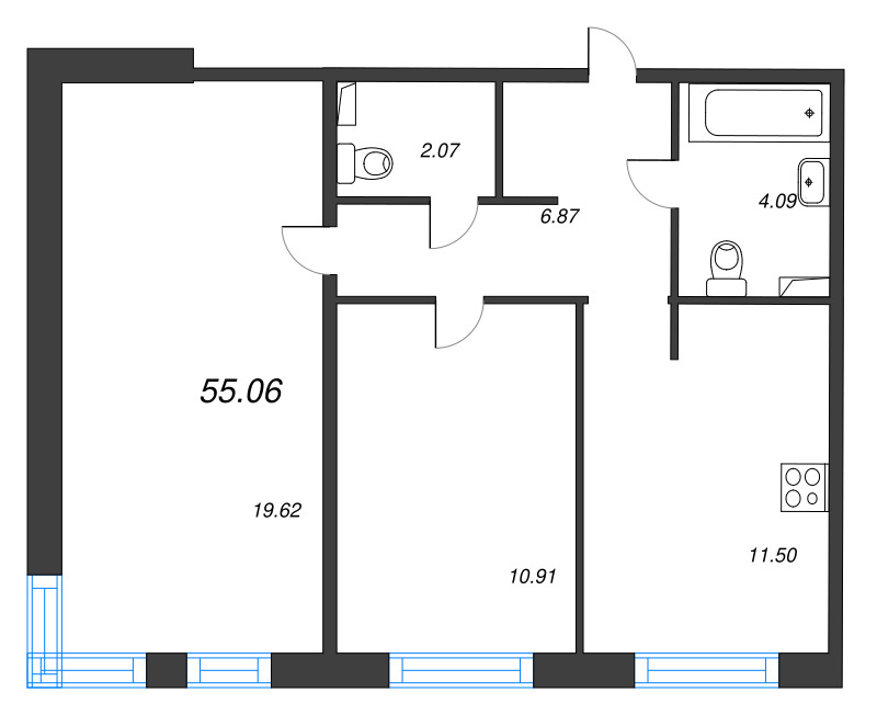 2-комнатная квартира, 55.06 м² в ЖК "Арт Парк" - планировка, фото №1