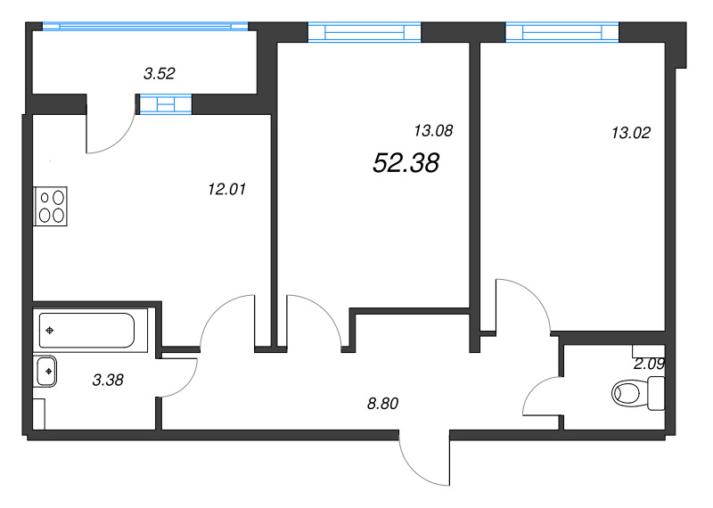 2-комнатная квартира, 52.38 м² - планировка, фото №1