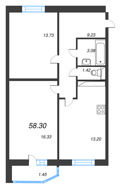 2-комнатная квартира, 58.1 м² - планировка, фото №1