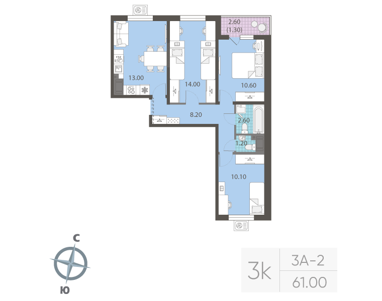 3-комнатная квартира, 61 м² в ЖК "ЛСР. Ржевский парк" - планировка, фото №1
