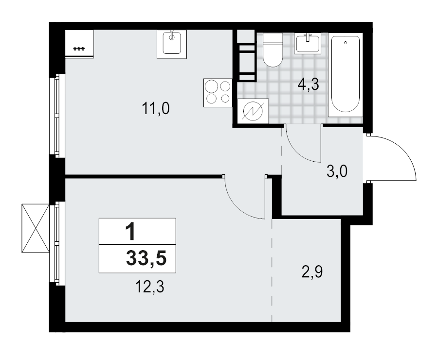 1-комнатная квартира, 33.5 м² - планировка, фото №1