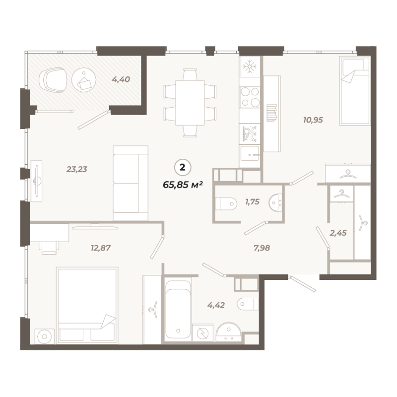3-комнатная (Евро) квартира, 65.85 м² в ЖК "Знатный" - планировка, фото №1