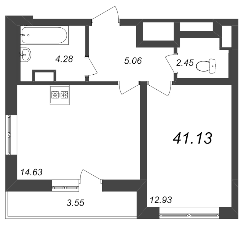 1-комнатная квартира, 41.13 м² - планировка, фото №1
