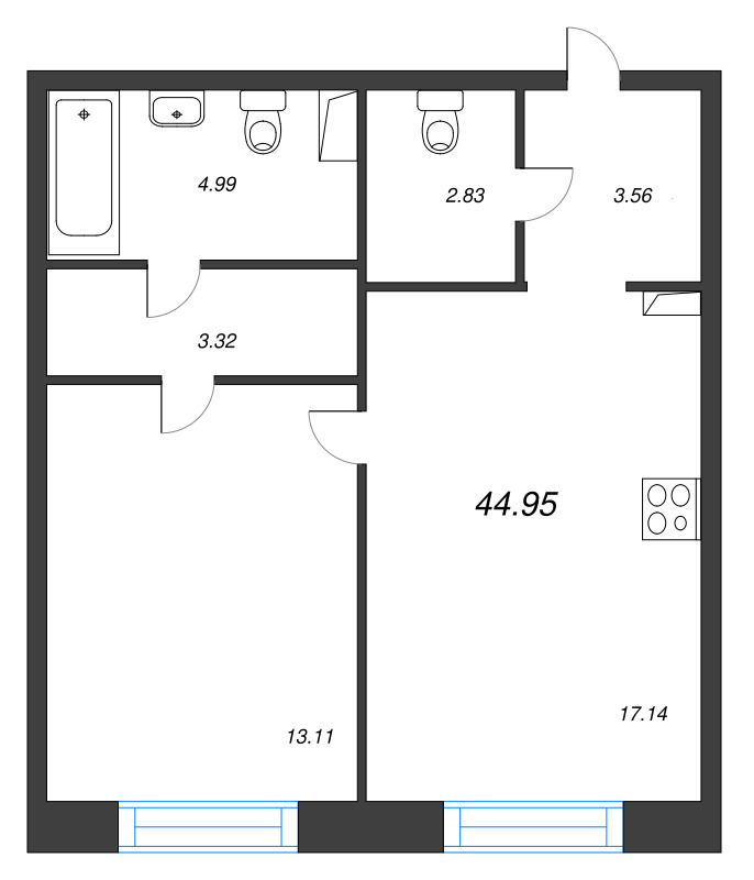 2-комнатная (Евро) квартира, 44.95 м² в ЖК "Остров Первых" - планировка, фото №1