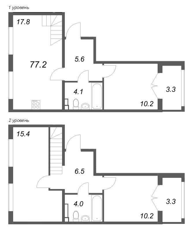 4-комнатная (Евро) квартира, 77.2 м² в ЖК "Пулково Лейк" - планировка, фото №1