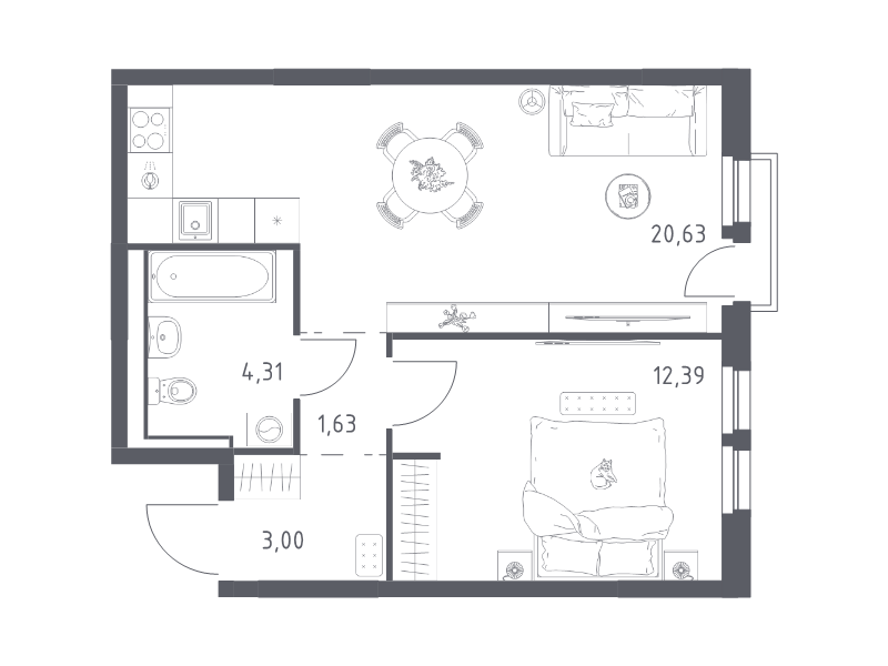 2-комнатная (Евро) квартира, 41.96 м² в ЖК "Невская Долина" - планировка, фото №1