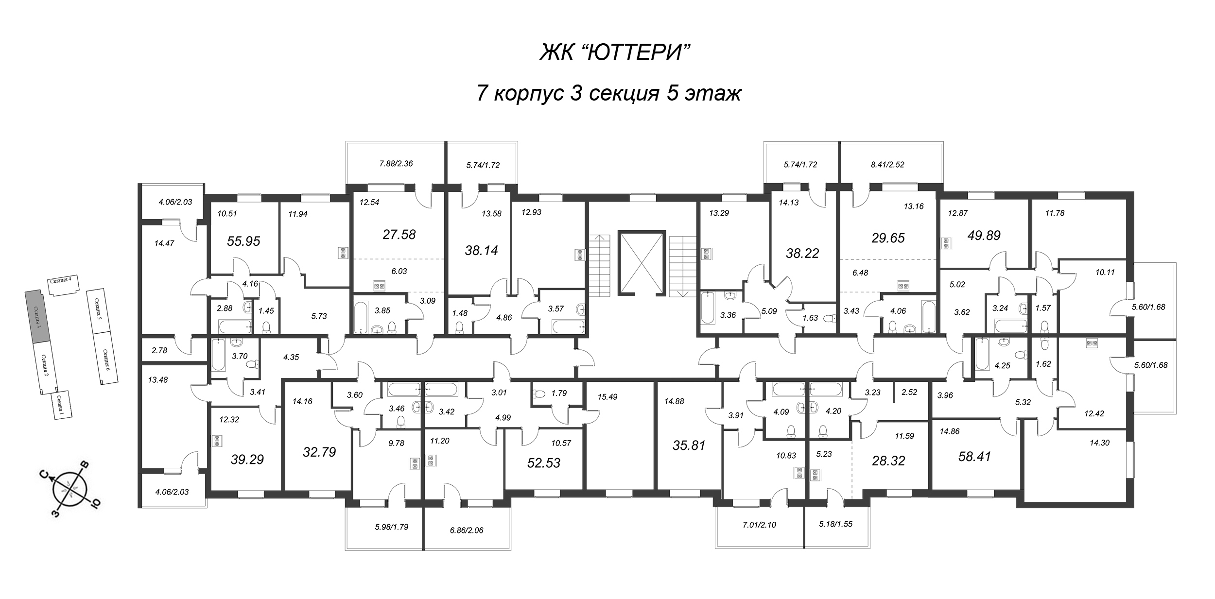 2-комнатная квартира, 53.92 м² - планировка этажа
