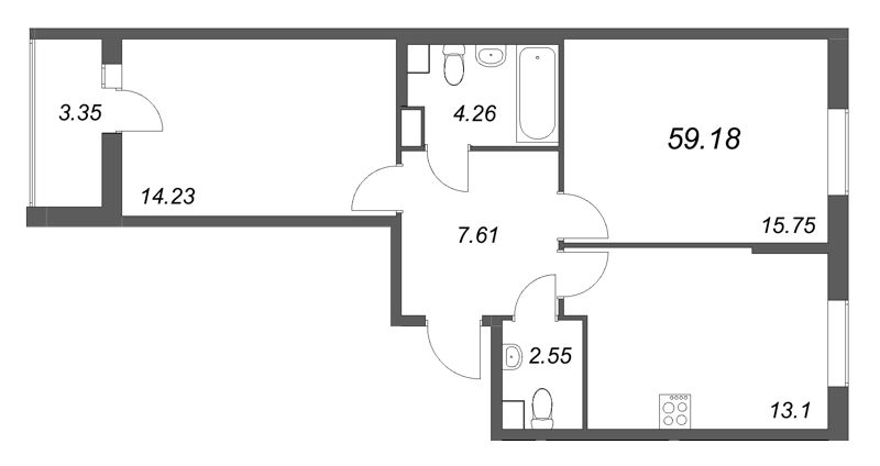 2-комнатная квартира, 59.18 м² в ЖК "Кинопарк" - планировка, фото №1