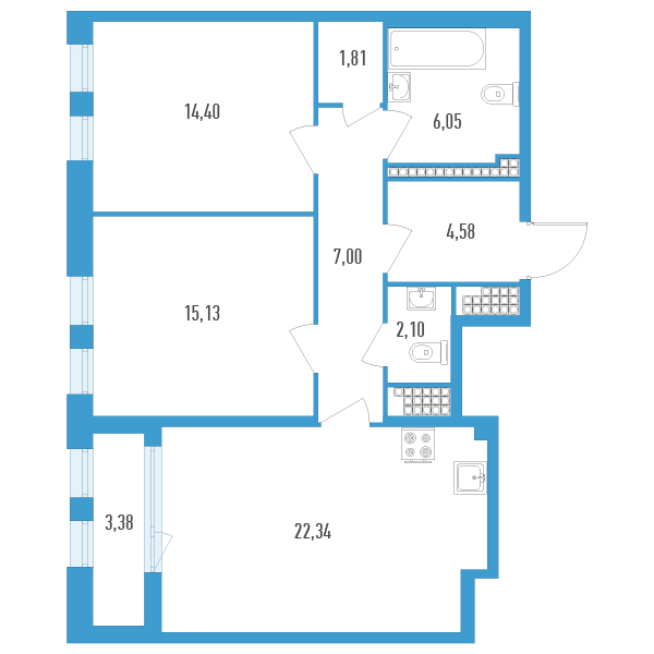2-комнатная квартира, 75.1 м² - планировка, фото №1