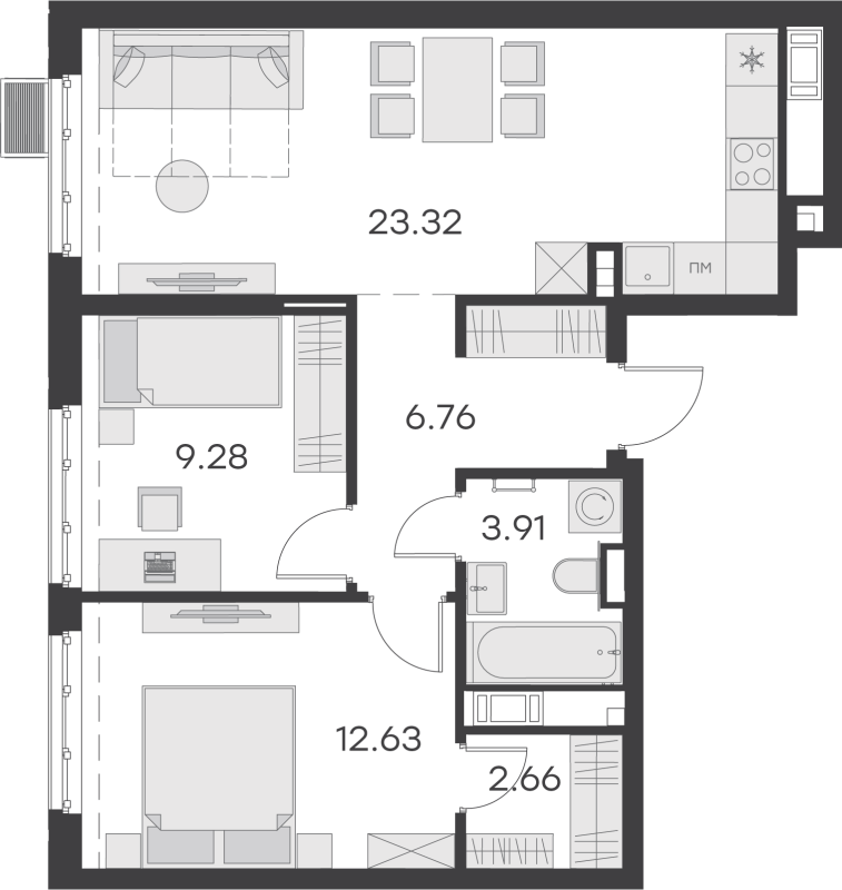 3-комнатная (Евро) квартира, 58.56 м² - планировка, фото №1