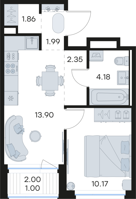 2-комнатная (Евро) квартира, 35.45 м² - планировка, фото №1