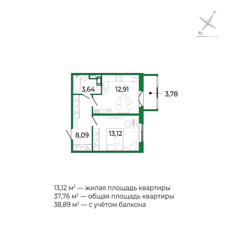 1-комнатная квартира, 37.3 м² в ЖК "Сертолово Парк" - планировка, фото №1