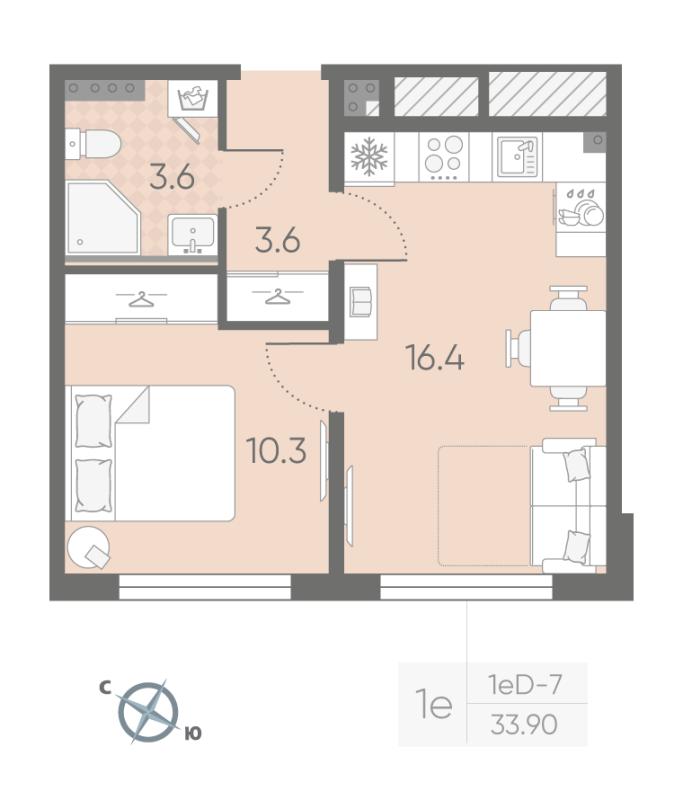 2-комнатная (Евро) квартира, 33.9 м² в ЖК "Пулково Lake" - планировка, фото №1