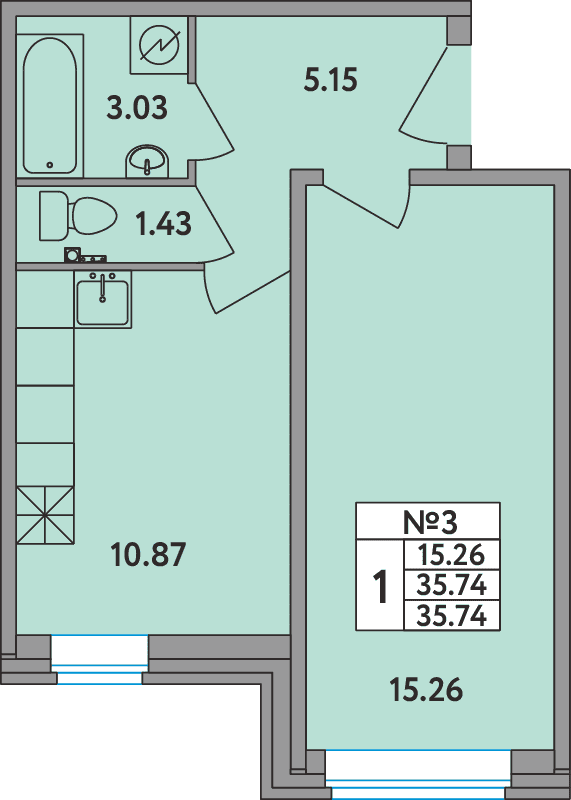 1-комнатная квартира, 35.74 м² - планировка, фото №1