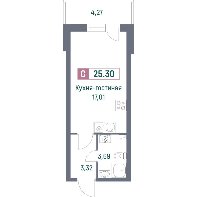 Квартира-студия, 25.3 м² - планировка, фото №1