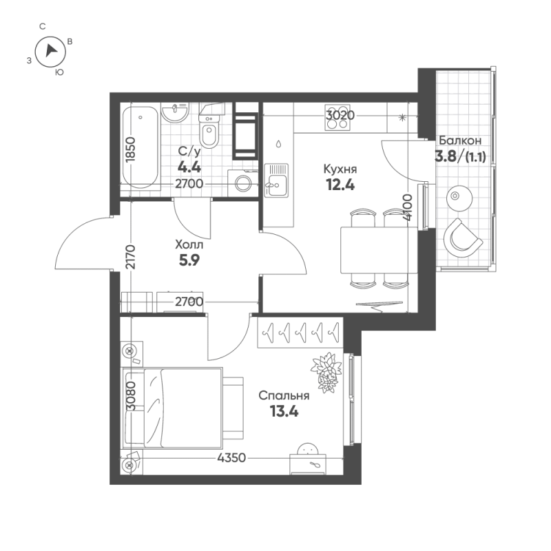 1-комнатная квартира, 37.2 м² в ЖК "Клюква.Парк" - планировка, фото №1
