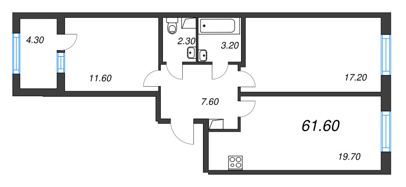 3-комнатная (Евро) квартира, 61.6 м² - планировка, фото №1