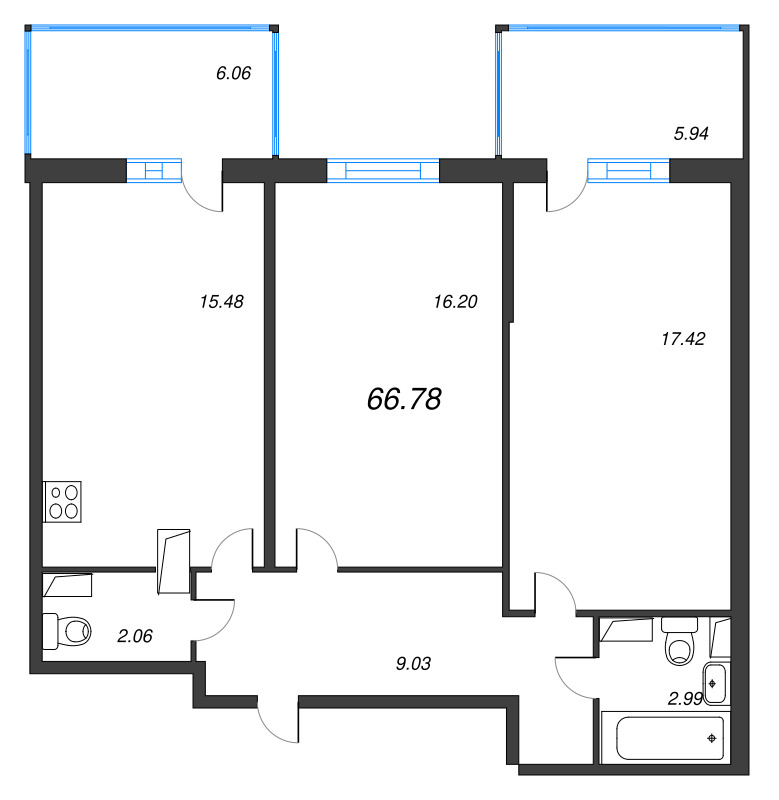 3-комнатная (Евро) квартира, 66.78 м² - планировка, фото №1