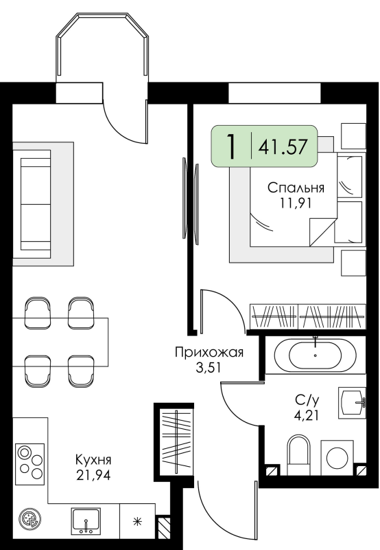2-комнатная (Евро) квартира, 41.57 м² в ЖК "Всевгород" - планировка, фото №1