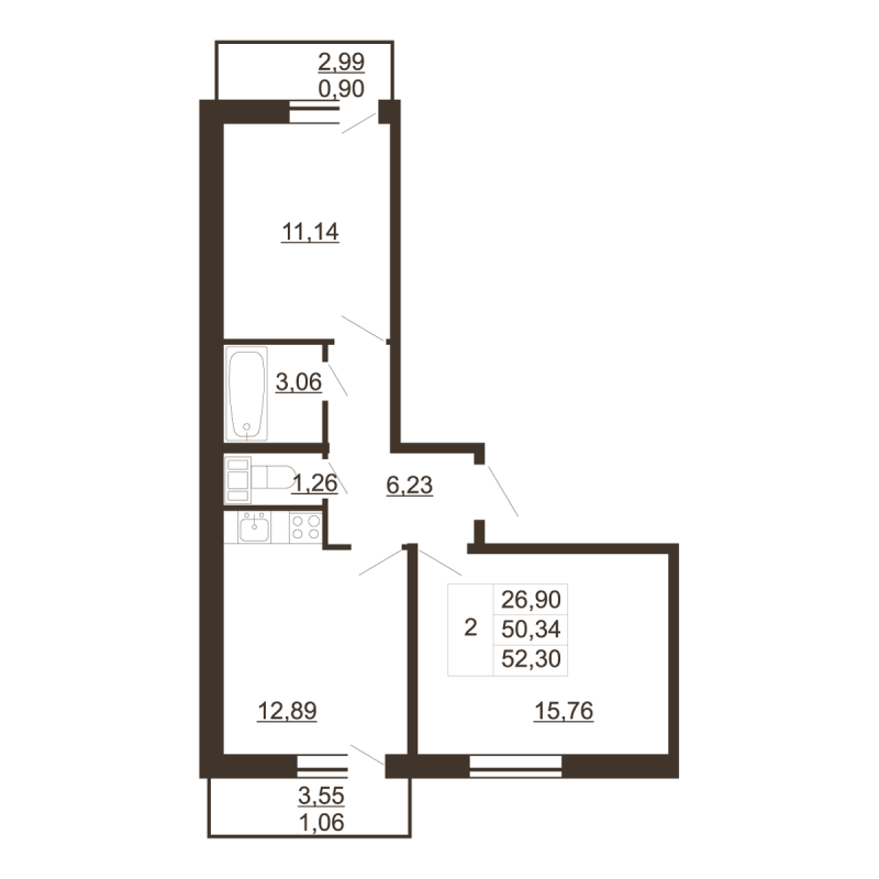 2-комнатная квартира, 52.3 м² в ЖК "Перспектива" - планировка, фото №1