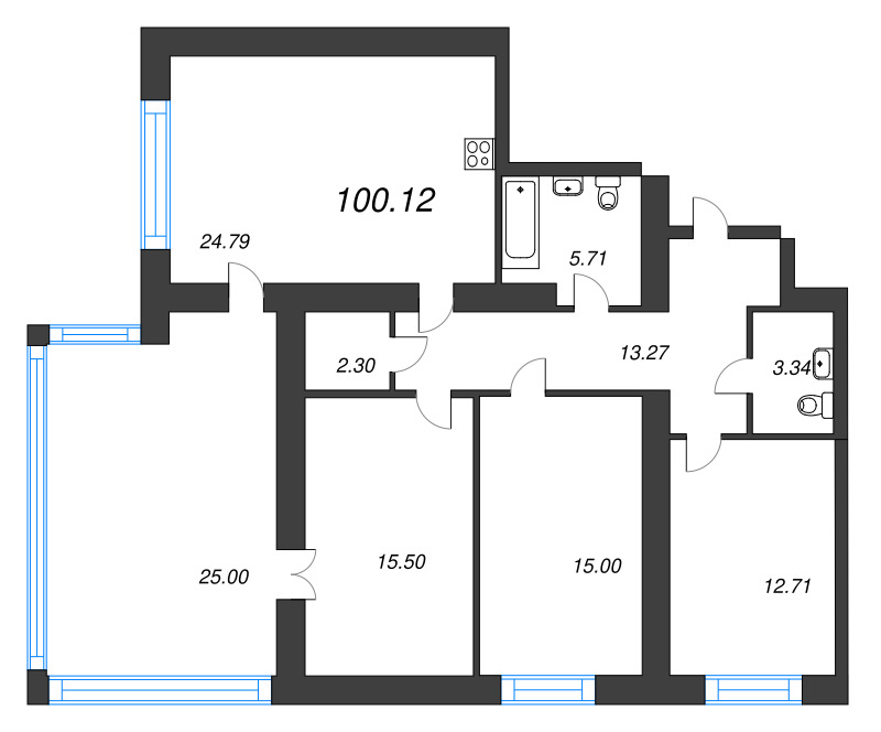 3-комнатная квартира, 100.5 м² - планировка, фото №1