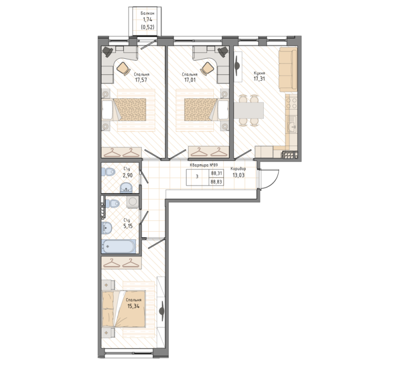 3-комнатная квартира, 88.83 м² в ЖК "Мануфактура James Beck" - планировка, фото №1
