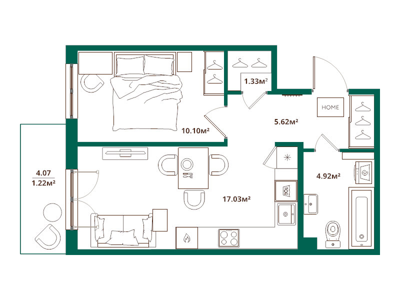 2-комнатная (Евро) квартира, 40.22 м² - планировка, фото №1