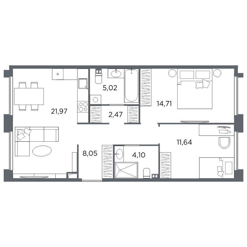 3-комнатная (Евро) квартира, 67.96 м² в ЖК "Акватория" - планировка, фото №1