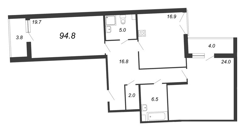 2-комнатная квартира, 96.4 м² в ЖК "Квартал Che" - планировка, фото №1