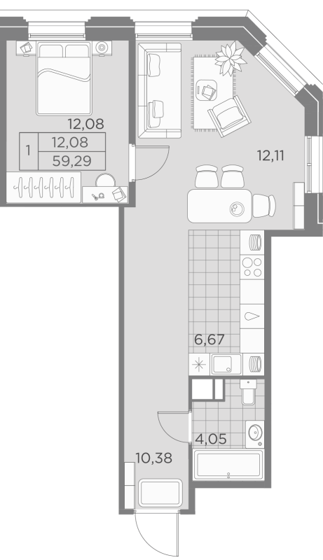 2-комнатная (Евро) квартира, 51.29 м² - планировка, фото №1