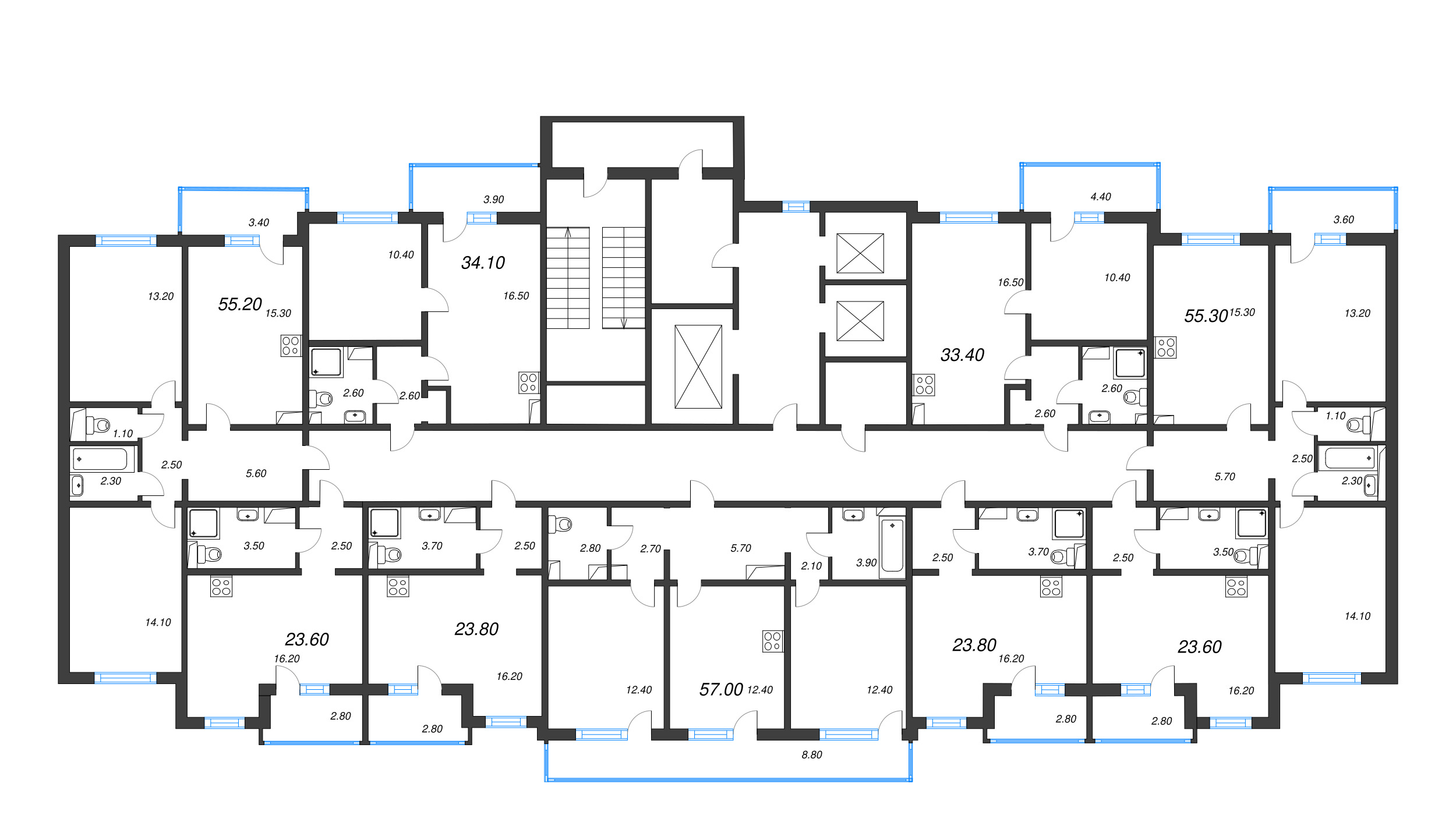 2-комнатная (Евро) квартира, 33.4 м² в ЖК "Цветной город" - планировка этажа